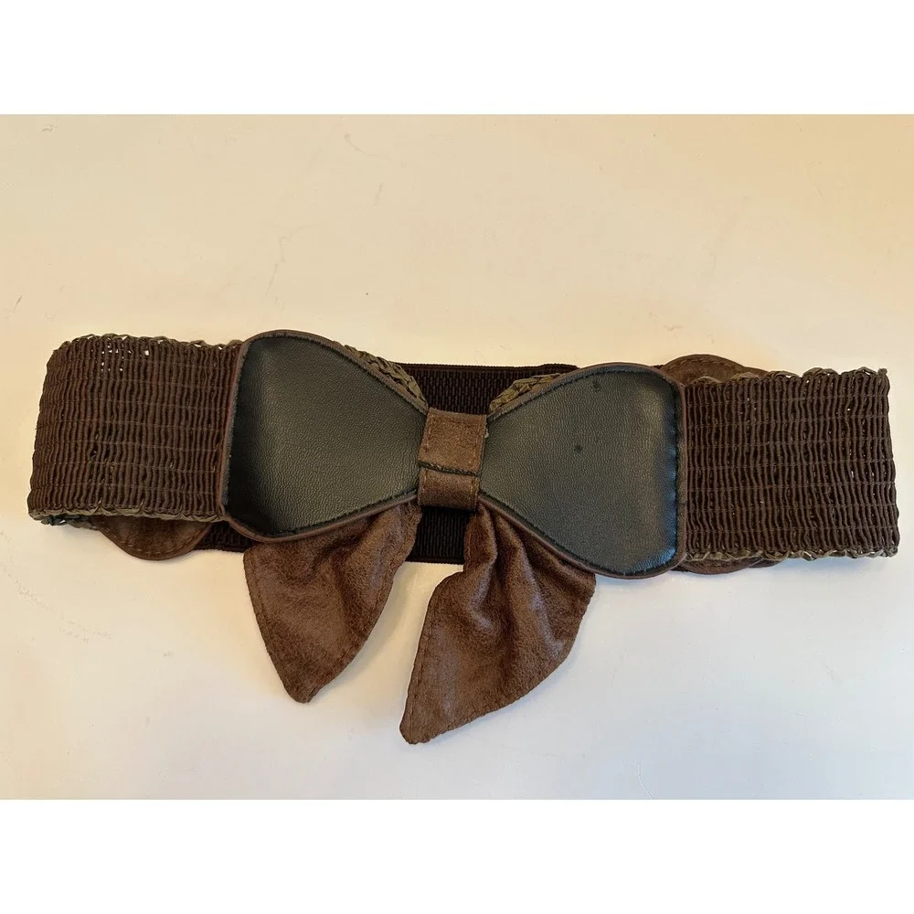Elastic Stretch Bow Belt Khaki Green Brown Snap Closure